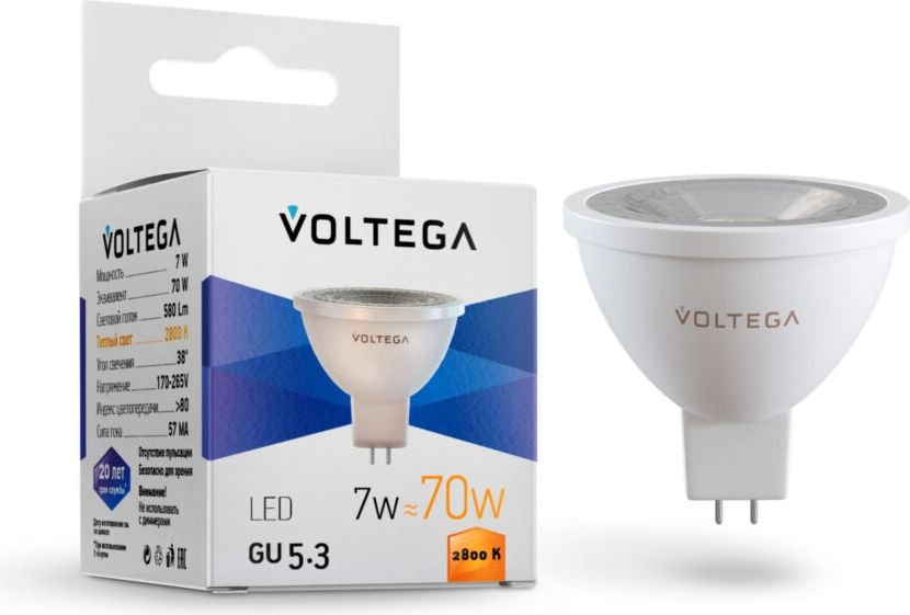 

Светодиодная лампочка Voltega Simple MR16 7W 2800K 38° GU5.3 7062