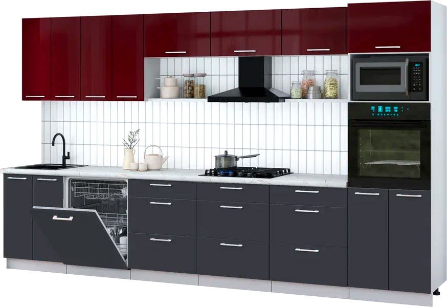 

Готовая кухня Интерлиния Мила Gloss 3.6-ПМ1-2 (пепел/бордовый глянец/серый каспий)