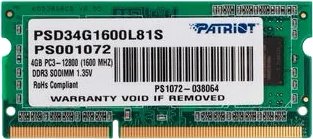 

Оперативная память Patriot Memory for Ultrabook 4GB DDR3 SO-DIMM PC3-12800 (PSD34G1600L81S)