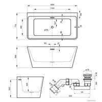 Ванна Wellsee Graceful Pro 150x77 230902004 (отдельностоящая ванна белый глянец, экран, ножки, сифон-автомат золото)