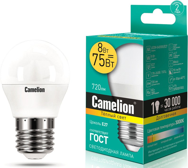 

Светодиодная лампочка Camelion LED8-G45/830/E27 12392
