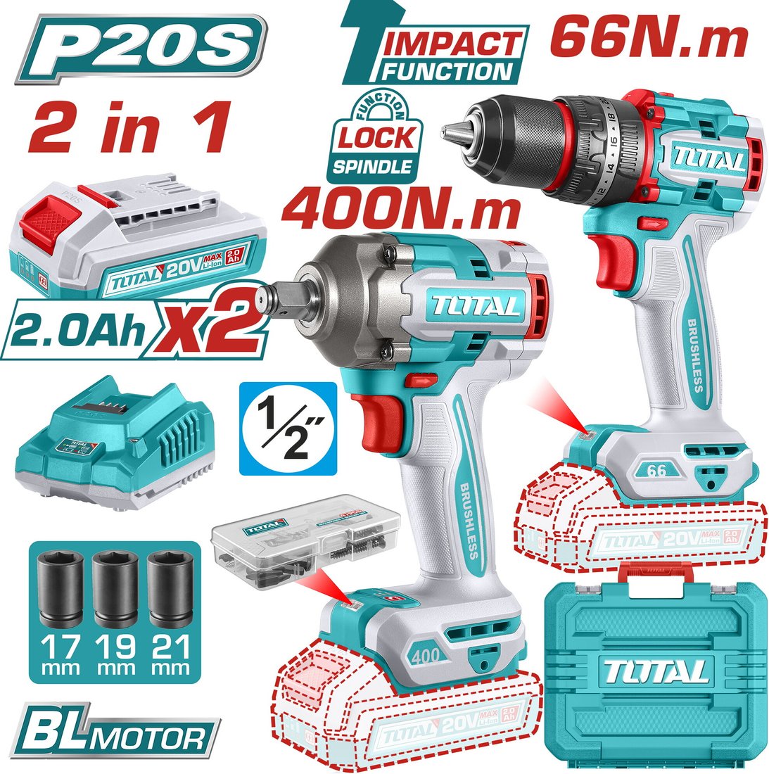 

Total TCKLI20275 (шуруповерт, гайковерт, 2 АКБ, кейс)