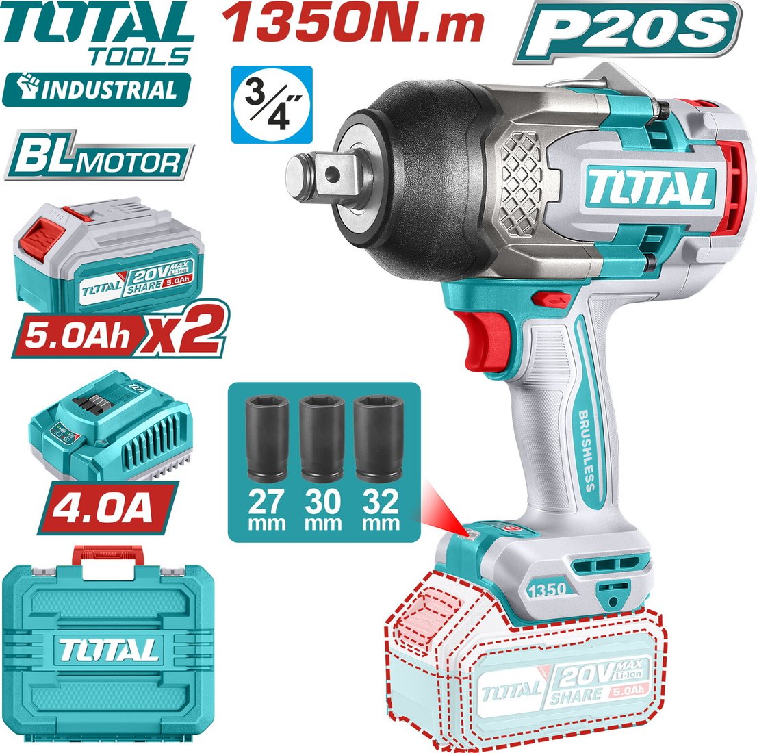 

Гайковерт Total TIWLI20135 (с 2-мя АКБ, кейс)