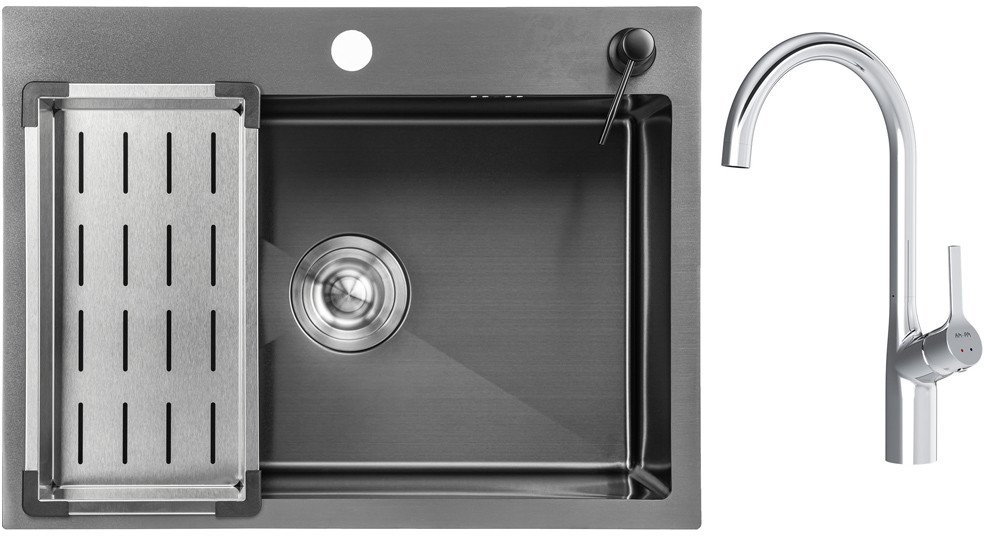Кухонная мойка Saniteco 6045 Nano + Spike F9S07000 (хром, с сифоном, дозатором и коландером)