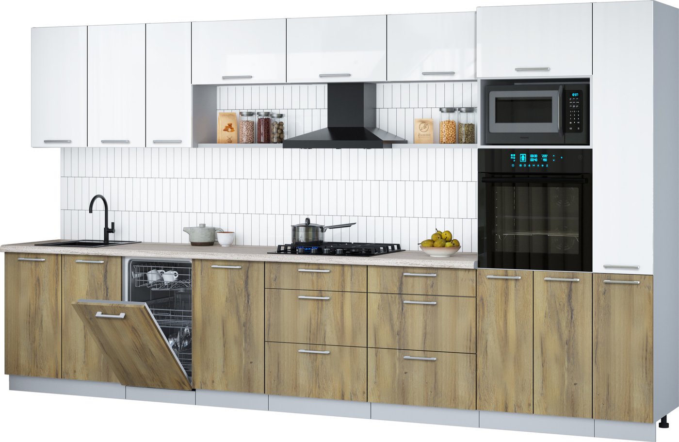 

Готовая кухня Интерлиния Мила Gloss 3.8-ПМ3 (дуб вотан/белый глянец/травертин серый)