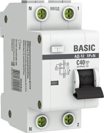 

Дифференциальный автомат EKF Basic АД-12 1P+N 40А 30мА 4.5кА DA12-40-30-bas