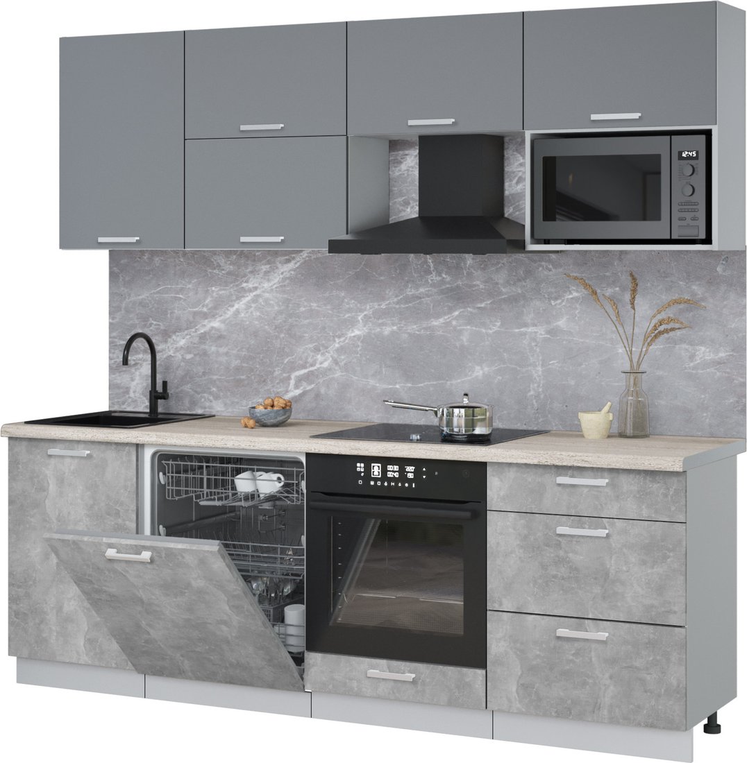 

Готовая кухня Интерлиния Мила Лайт 2.3-ПМ2 (серебро/бетон/травертин серый)