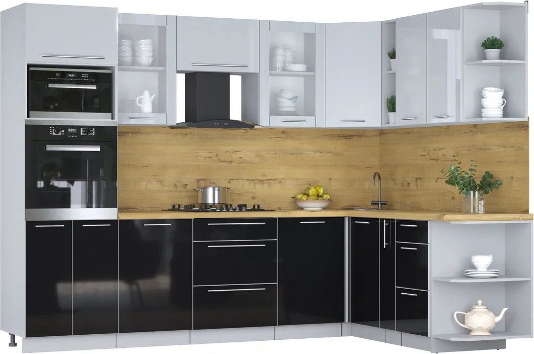 

Готовая кухня Интерлиния Мила Пластик 1.88x2.8 PR (туманный глянец/черный глянец/дуб бунратти)