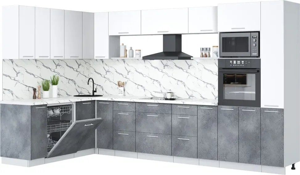 

Готовая кухня Интерлиния Мила Лайт 1.896х3.48 (белый платинум/бетон портленд/белый гранит)