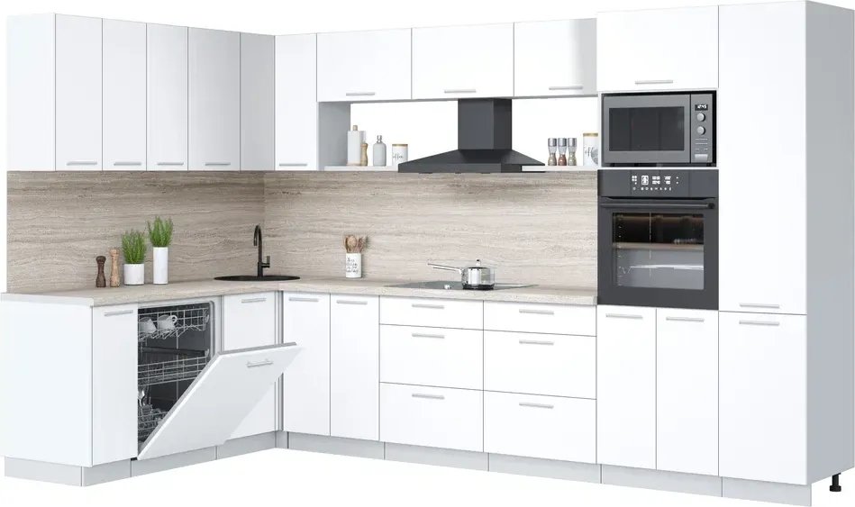 

Готовая кухня Интерлиния Мила Лайт 1.896х3.38 (белый платинум/белый платинум/травертин серый)