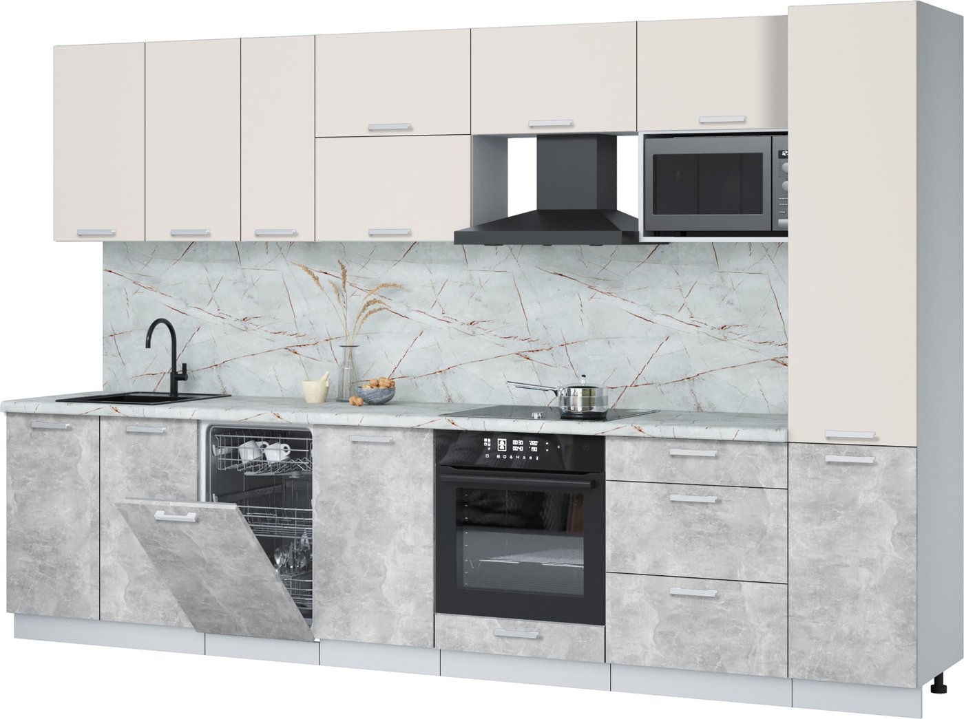 

Готовая кухня Интерлиния Мила Лайт 3.3-ПМ4 (персидский жемчуг/бетон/серый каспий)