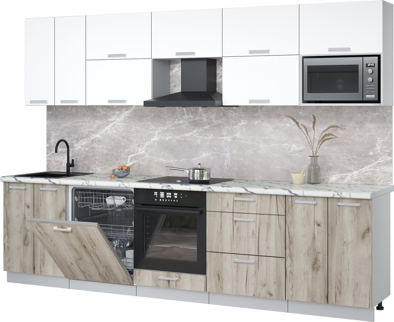 

Готовая кухня Интерлиния Мила Лайт 3.0-ПМ2 (белый платинум/дуб серый/белый гранит)