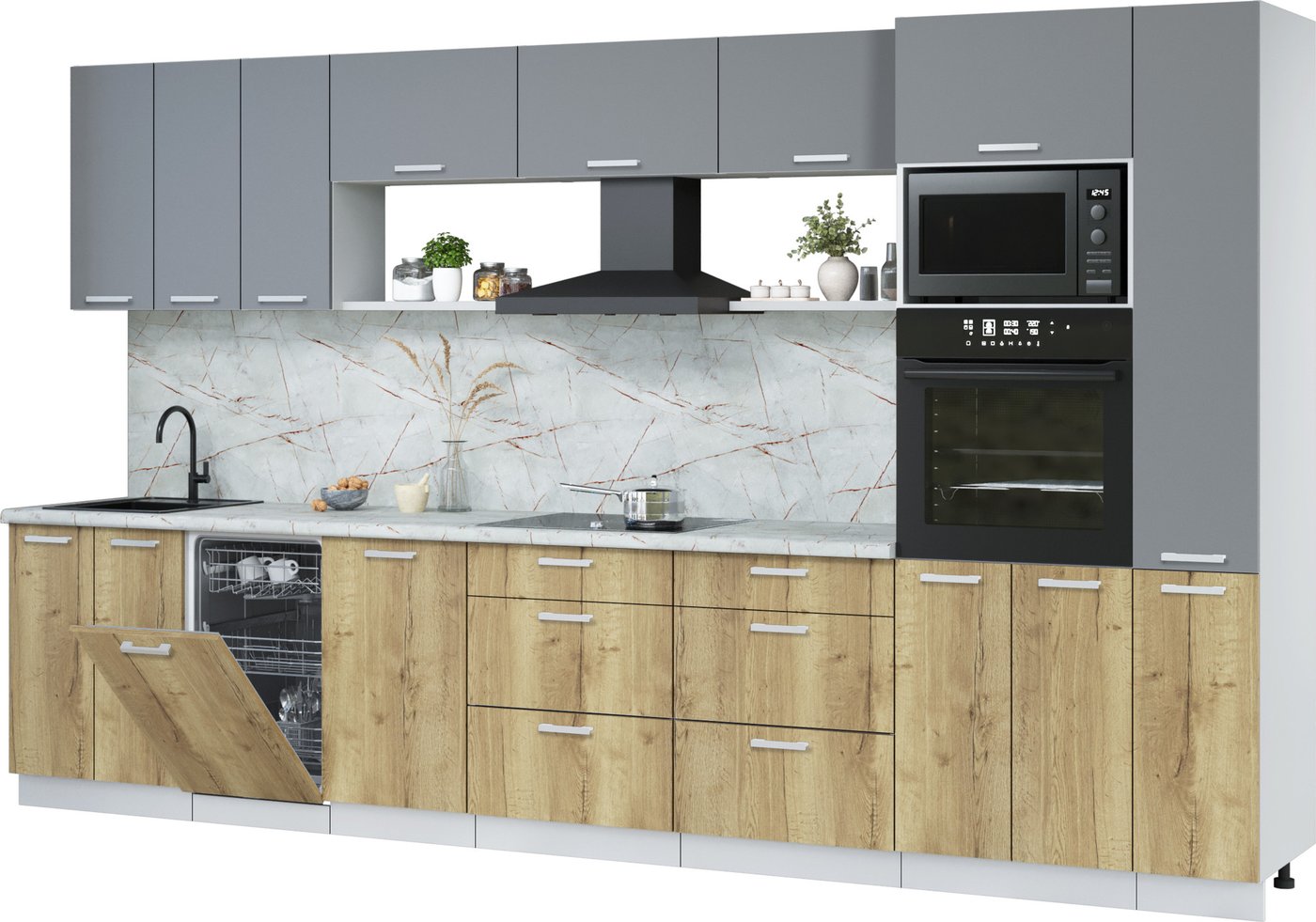 

Готовая кухня Интерлиния Мила Лайт 3.6-ПМ3 (серебро/дуб золотой/серый каспий)