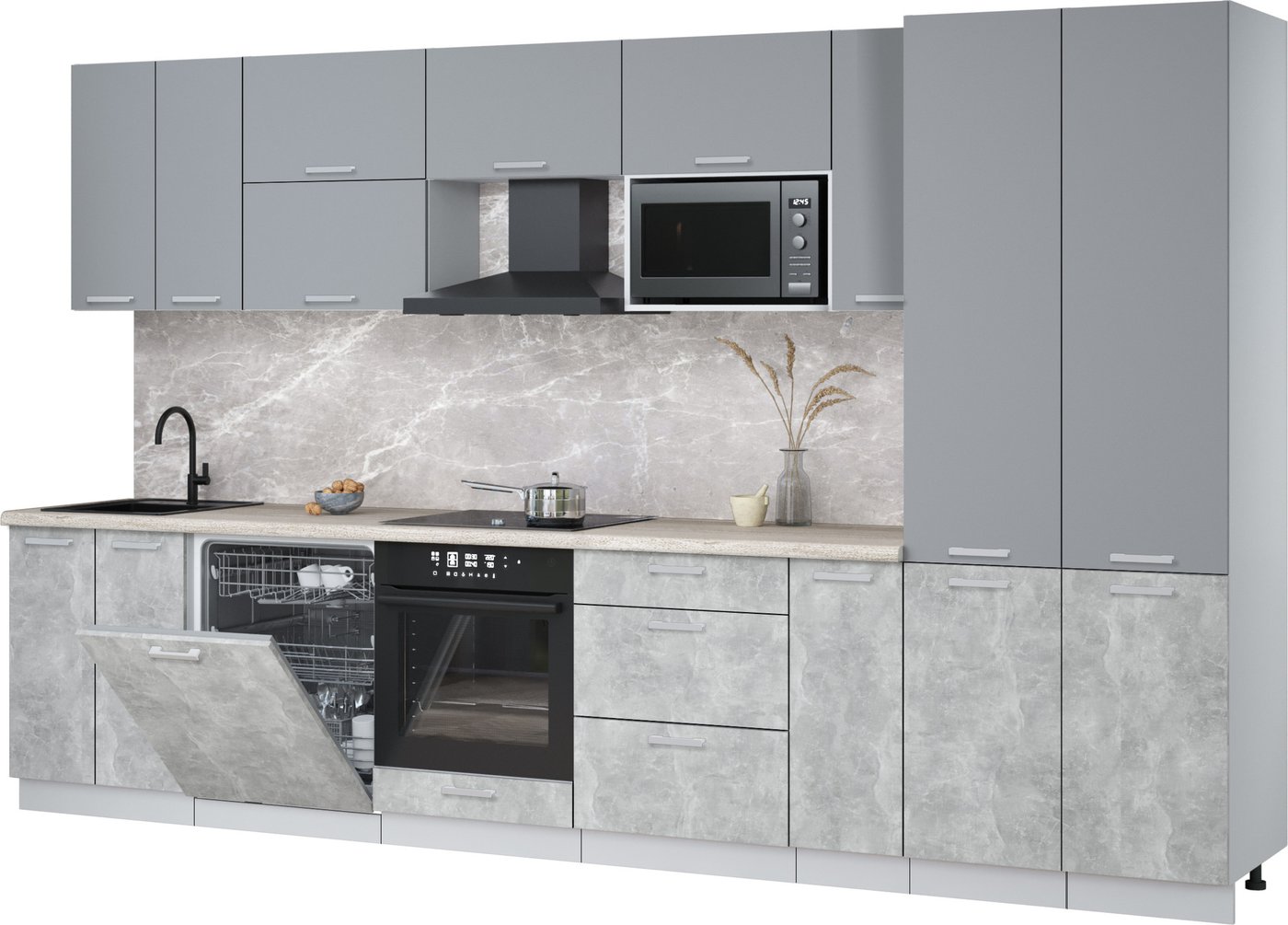 

Готовая кухня Интерлиния Мила Лайт 3.5-ПМ2 (серебро/бетон/травертин серый)