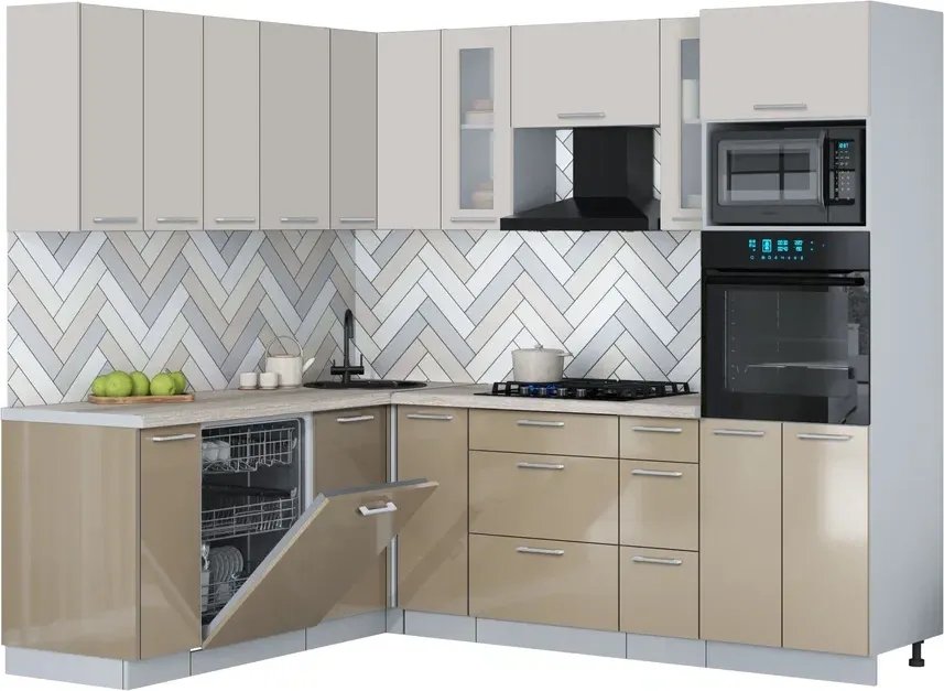 

Готовая кухня Интерлиния Мила Gloss 1.896х2.38 (капучино глянец/кашемир/травертин серый)