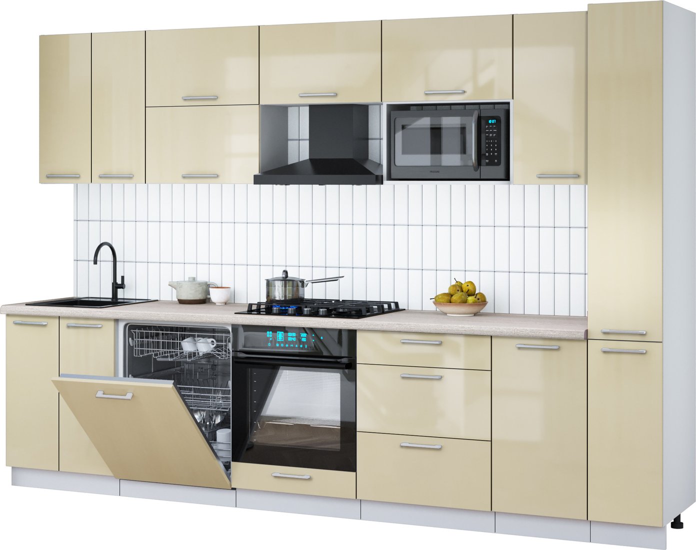 

Готовая кухня Интерлиния Мила Gloss 3.1-ПМ2 (ваниль глянец/ваниль глянец/травертин серый)