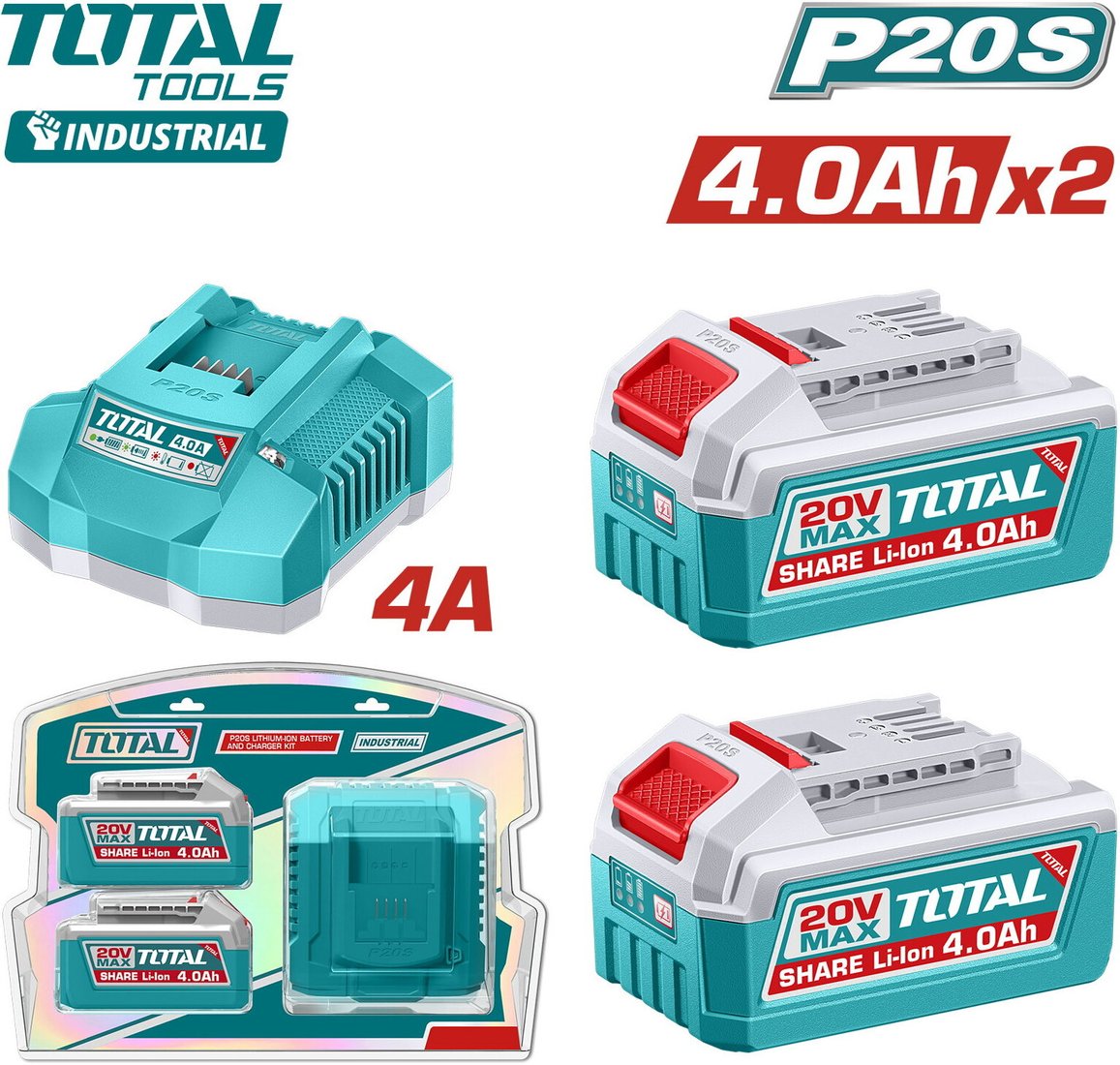 

Аккумулятор с зарядным устройством Total TFBCPK2013 (20В/2x4 Ah + 20В)