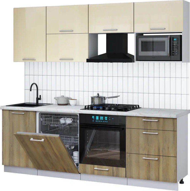 

Готовая кухня Интерлиния Мила Gloss 2.3-ПМ2 (дуб вотан/ваниль глянец/серый каспий)