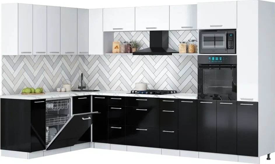 

Готовая кухня Интерлиния Мила Gloss 1.896х3.28 (черный глянец/белый/белый гранит)