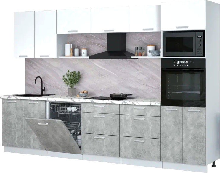 

Готовая кухня Интерлиния Мила Лайт 3.2-ПМ1 (белый платинум/бетон/белый гранит)