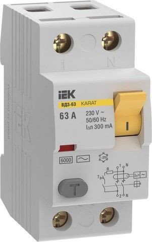 

Дифференциальный автомат IEK KARAT ВД3-63 2P 63А 300мА 6кАC MDV20-2-063-300