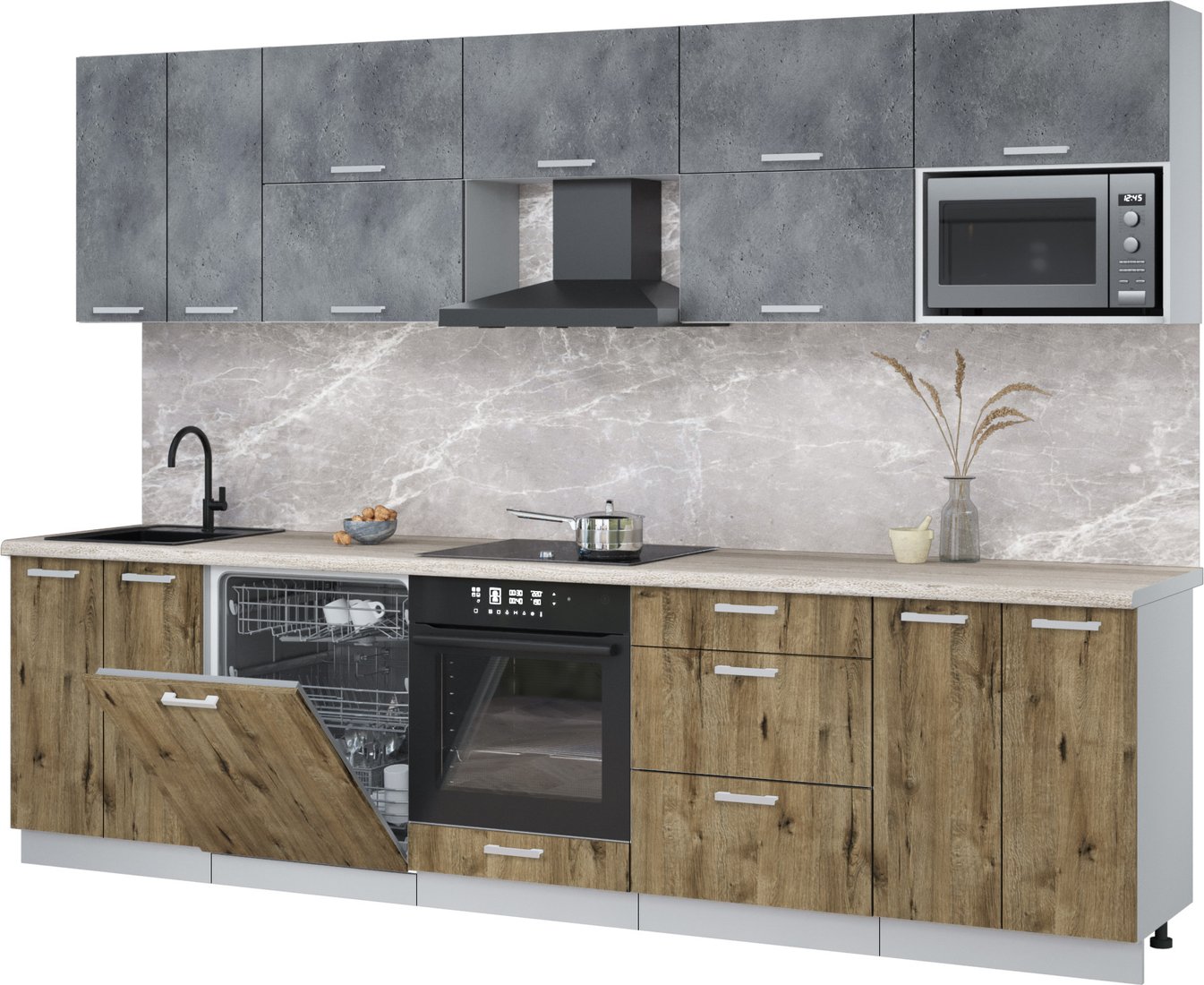 

Готовая кухня Интерлиния Мила Лайт 3.0-ПМ2 (бетон портленд/дуб веллингтон/травертин серый)