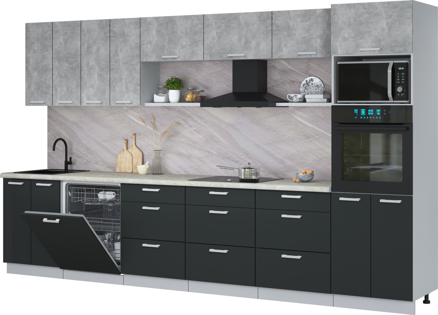 

Готовая кухня Интерлиния Мила Лайт 3.6-ПМ1-2 (бетон портленд/антрацит/травертин серый)