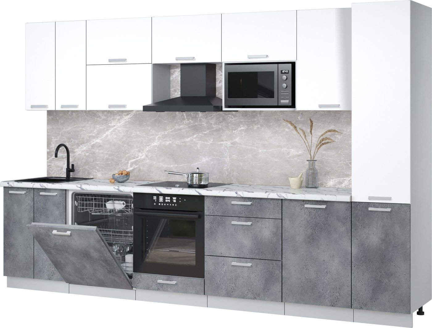 

Готовая кухня Интерлиния Мила Лайт 3.3-ПМ2 (белый платинум/бетон портленд/белый гранит)