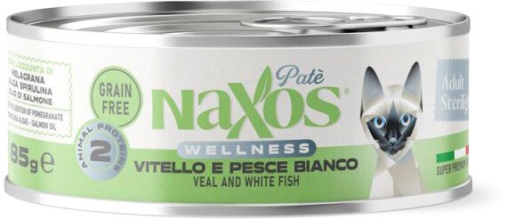 

Консервированный корм для кошек Naxos Adult телятина/белая рыба (85 г