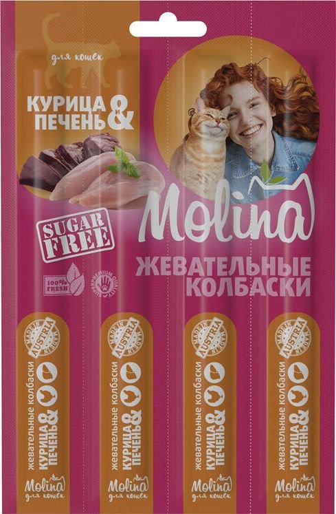 

Лакомство для кошек Molina Жевательные колбаски для кошек из курицы и печени 20 г