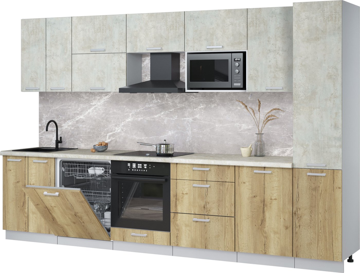 

Готовая кухня Интерлиния Мила Лайт 3.3-ПМ2 (бетон лайт/дуб золотой/опал светлый)