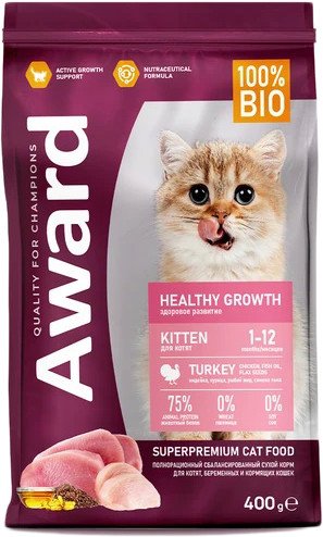 

Сухой корм для кошек Award Healthy Growth Kitten (для котят от 1 месяца с индейкой и курицей с добавлением рыбьего жира и семян льна) 400 г