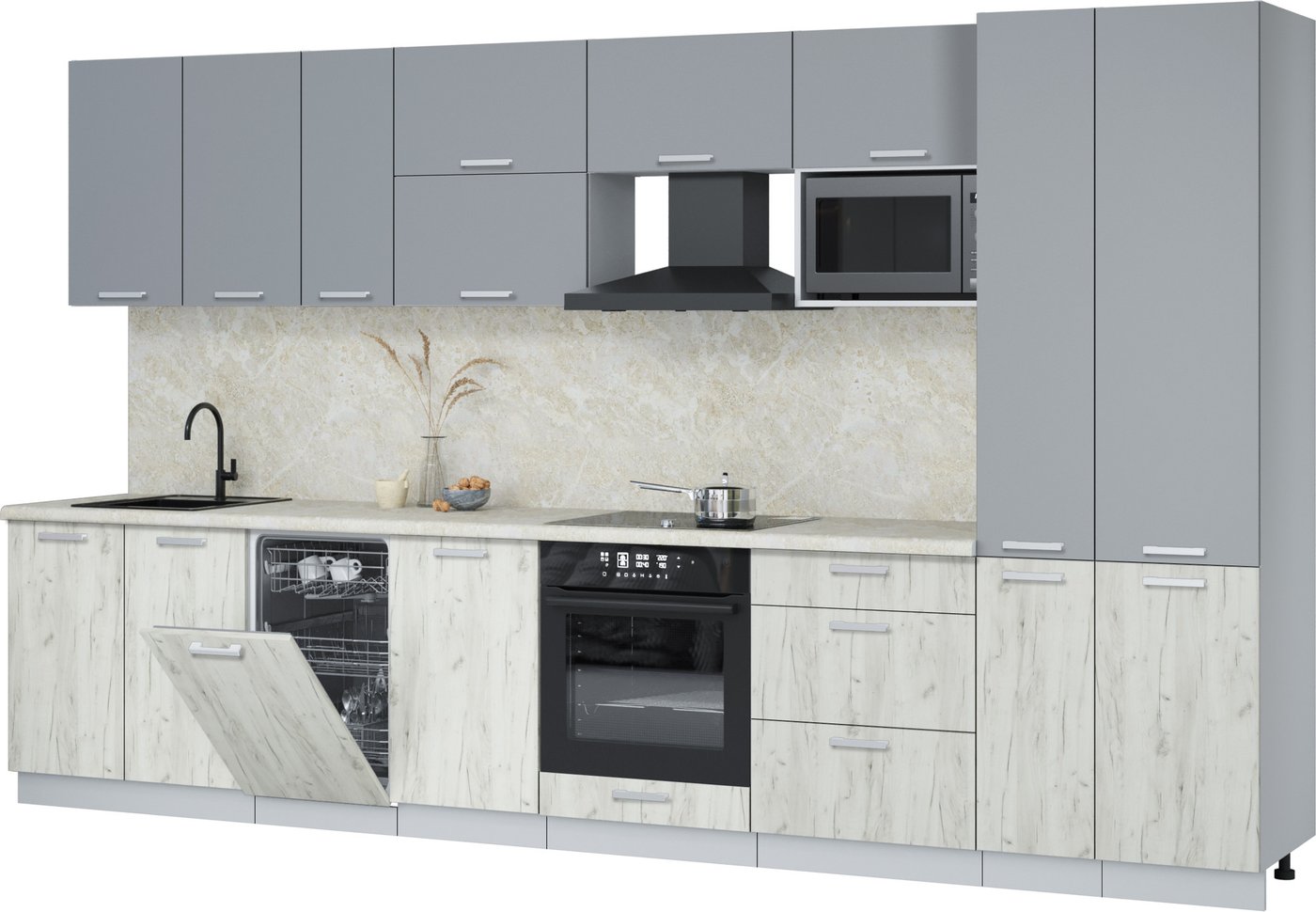 

Готовая кухня Интерлиния Мила Лайт 3.6-ПМ4 (серебро/дуб белый/опал светлый)