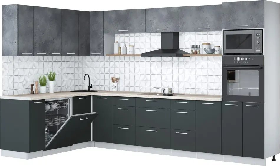 

Готовая кухня Интерлиния Мила Лайт 1.896х3.38-2 (бетон портленд/антрацит/травертин серый)