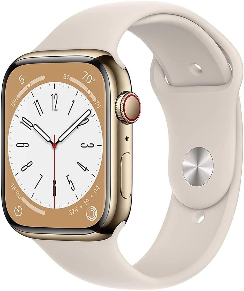 

Умные часы Apple Watch Series 8 LTE 41 мм (корпус из нержавеющей стали, золотистый/звездный свет, спортивный силиконовый ремешок S/M)
