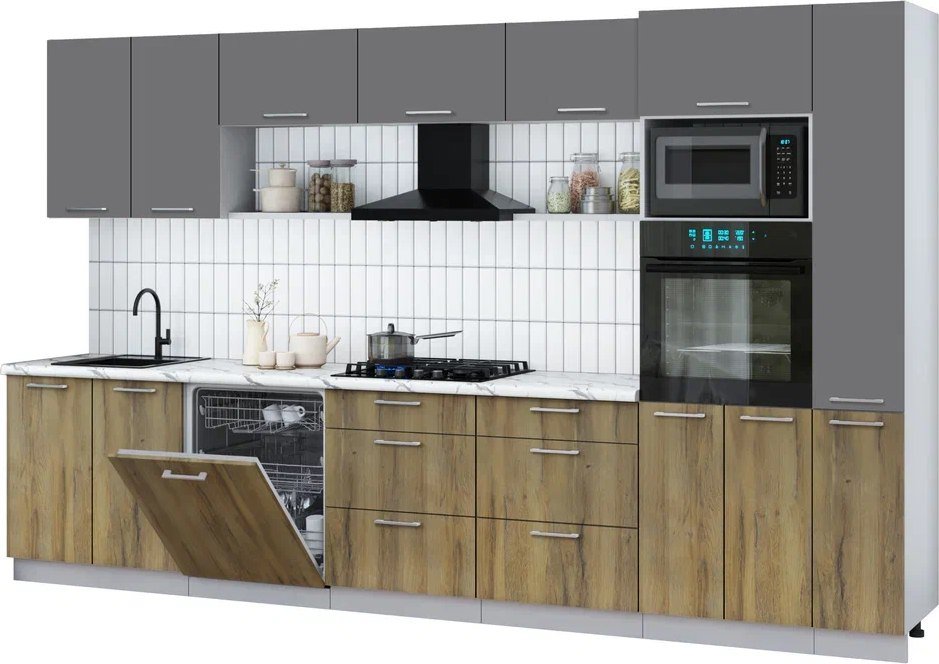 

Готовая кухня Интерлиния Мила Gloss 3.5-ПМ1 (дуб вотан/серый/белый гранит)