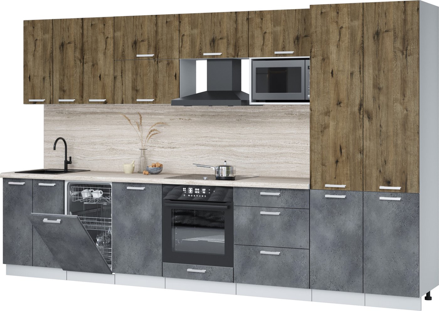 

Готовая кухня Интерлиния Мила Лайт 3.5-ПМ4 (дуб веллингтон/бетон портленд/травертин серый)