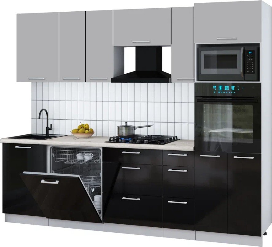 

Готовая кухня Интерлиния Мила Gloss 2.6-ПМ1 (черный глянец/грей/бискайская сосна)