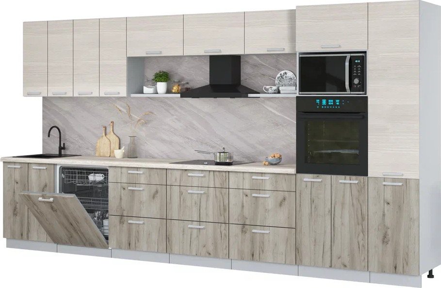 

Готовая кухня Интерлиния Мила Лайт 4.0-ПМ1 (вудлайн кремовый/дуб серый/травертин серый)