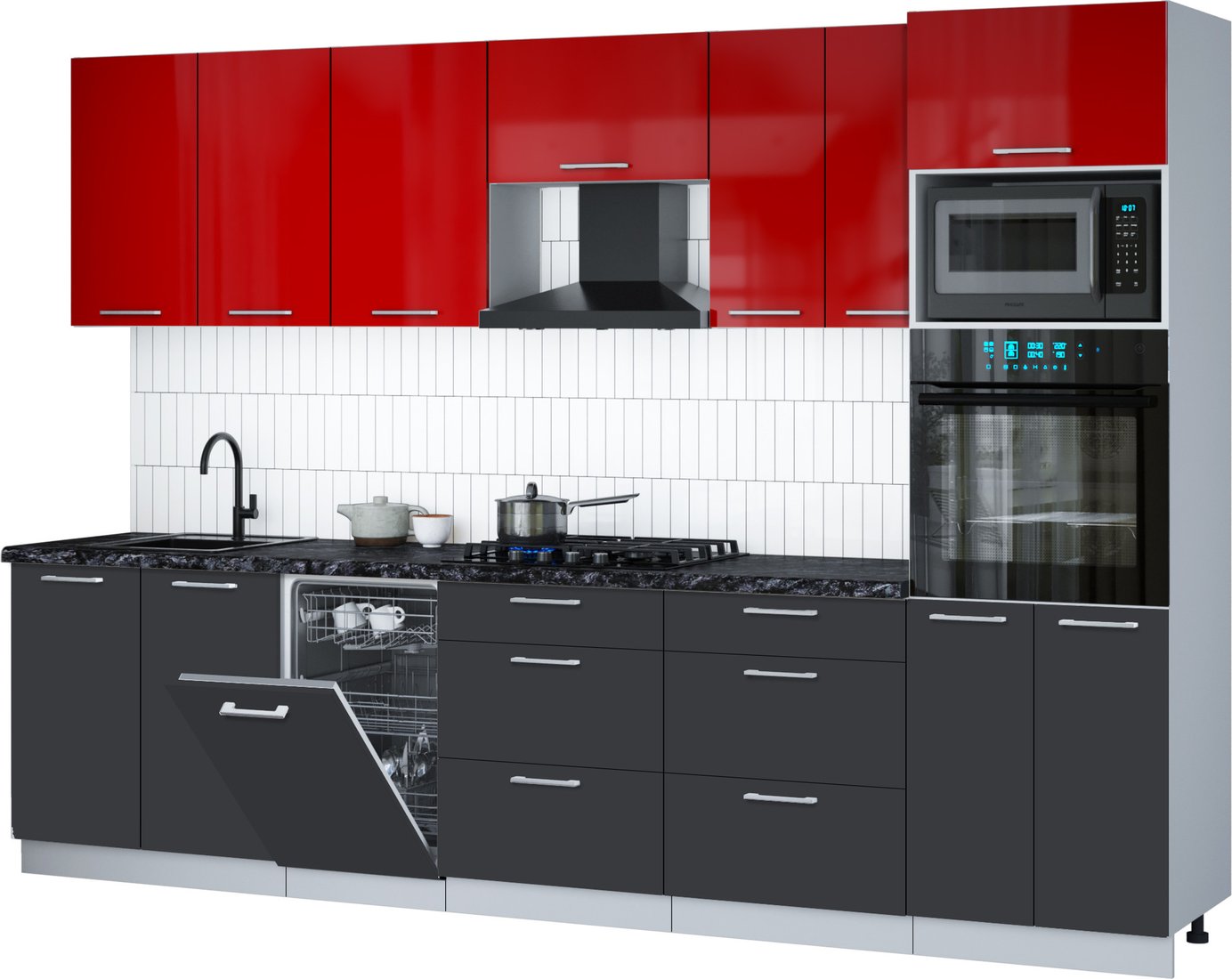 

Готовая кухня Интерлиния Мила Gloss 3.05-ПМ3 (пепел/красный глянец/кастилло темный)