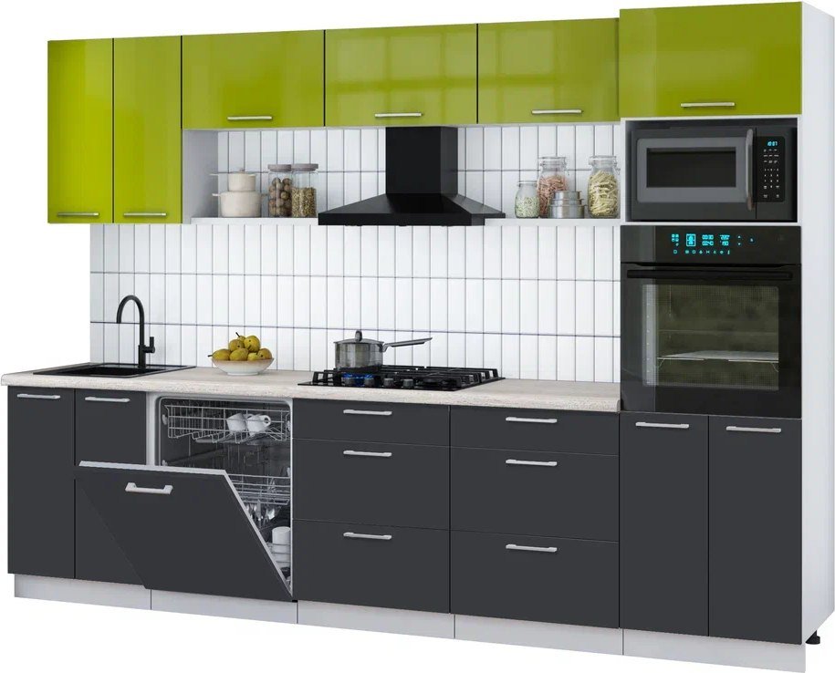 

Готовая кухня Интерлиния Мила Gloss 3.0-ПМ1 (пепел/яблоко глянец/травертин серый)