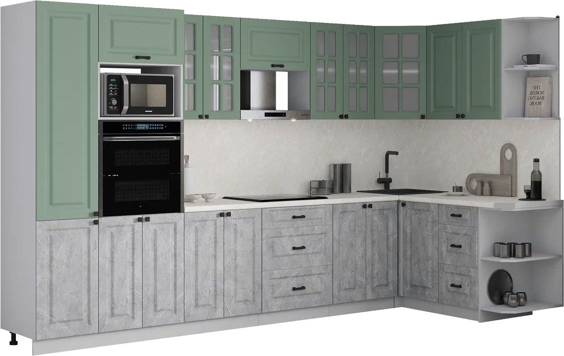 

Готовая кухня Интерлиния Мила Деко 1.68x3.4 PR (керамика/мята/опал светлый)