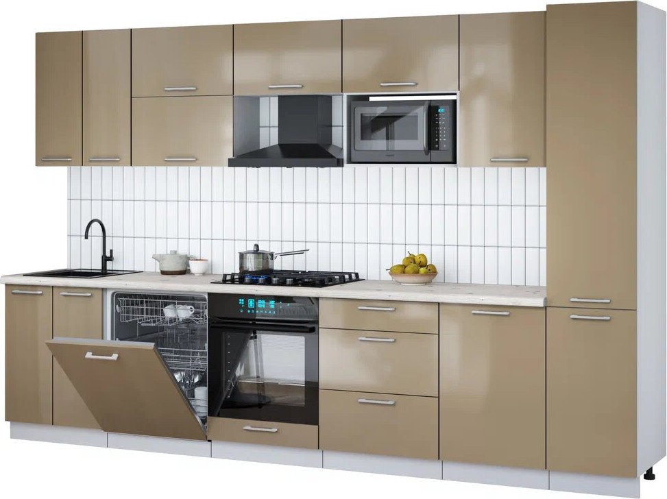 

Готовая кухня Интерлиния Мила Gloss 3.3-ПМ2 (капучино глянец/капучино глянец/бискайская сосна)