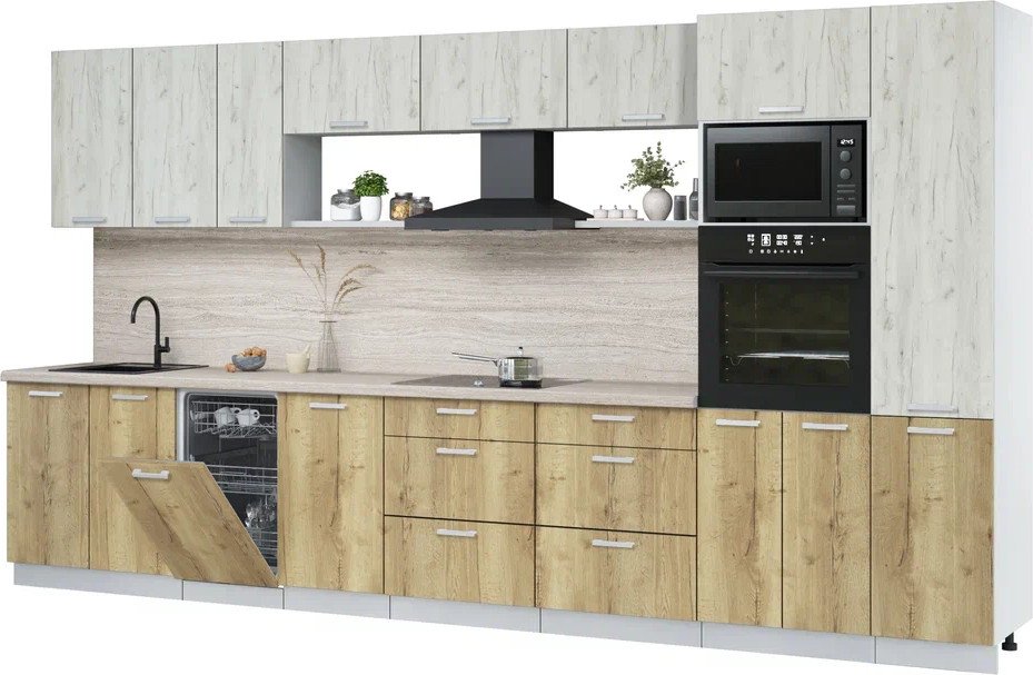 

Готовая кухня Интерлиния Мила Лайт 3.9-ПМ3 (дуб белый/дуб золотой/травертин серый)