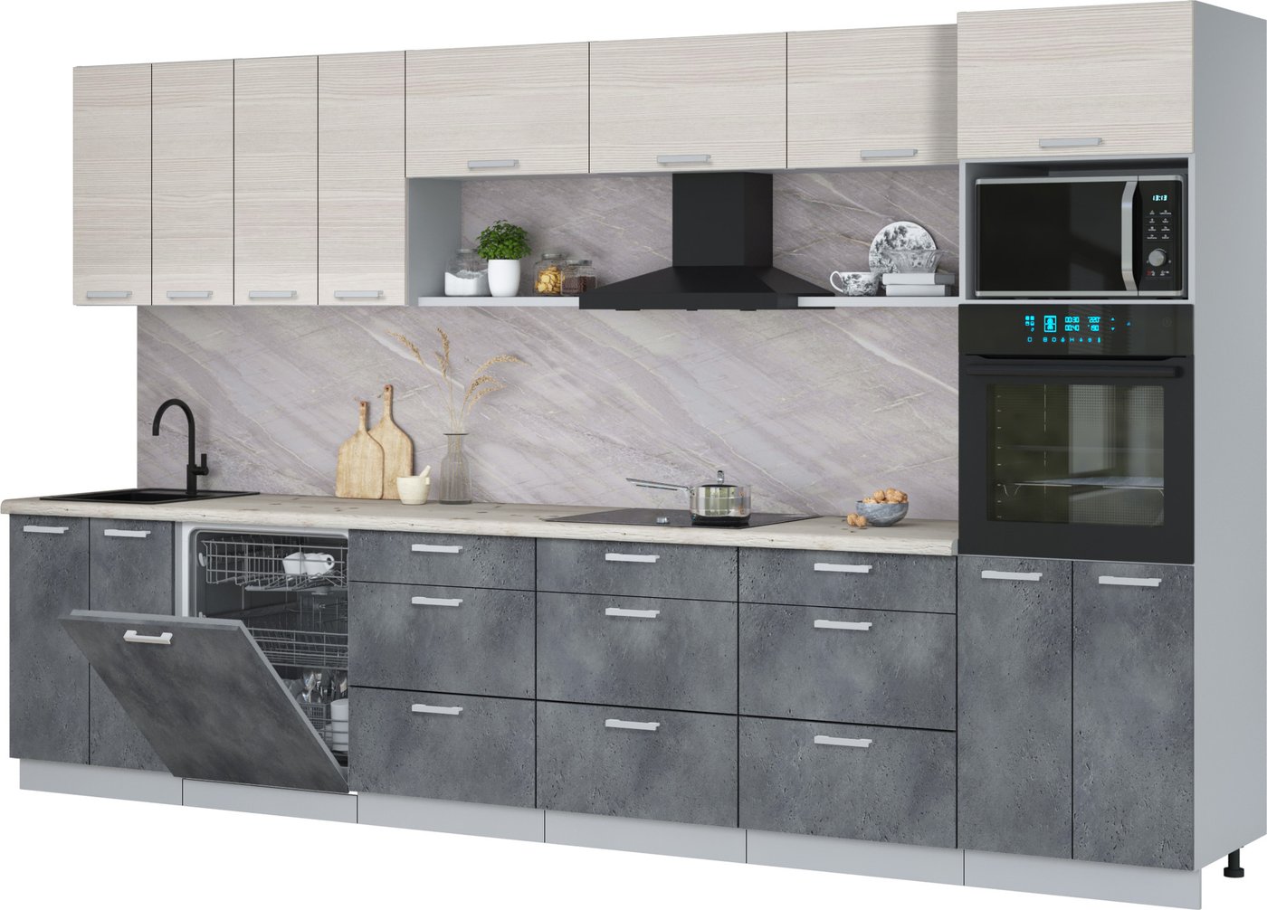 

Готовая кухня Интерлиния Мила Лайт 3.6-ПМ1-2 (вудлайн кремовый/бетон портленд/бискайская сосна)