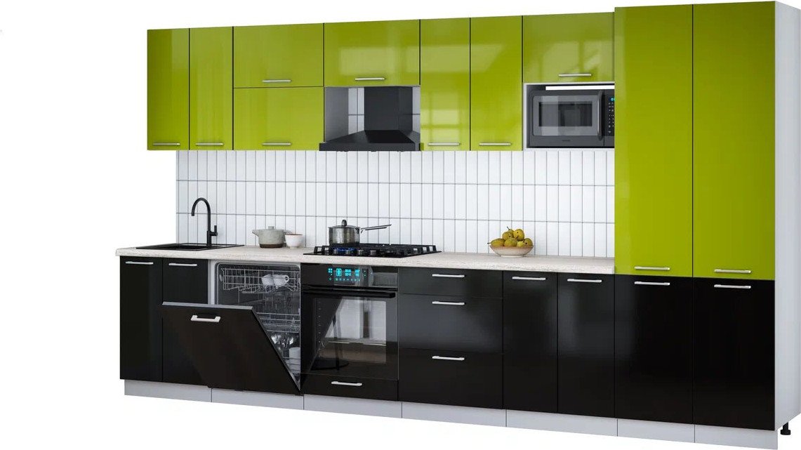 

Готовая кухня Интерлиния Мила Gloss 3.8-ПМ2 (черный глянец/яблоко глянец/травертин серый)