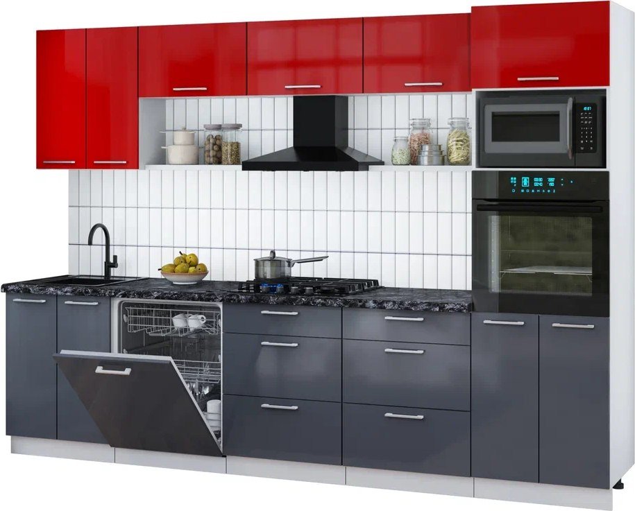 

Готовая кухня Интерлиния Мила Gloss 3.0-ПМ1 (асфальт глянец/красный глянец/кастилло темный)