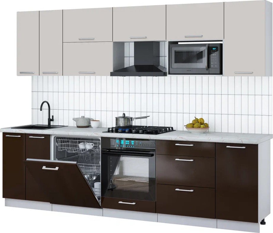 

Готовая кухня Интерлиния Мила Gloss 2.8-ПМ2 (шоколад глянец/кашемир/серый каспий)