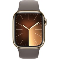 Умные часы Apple Watch Series 9 LTE 41 мм (корпус из нержавеющей стали, золотистый/темно-серый, спортивный силиконовый ремешок S/M)