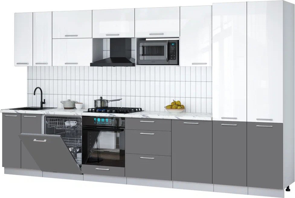 

Готовая кухня Интерлиния Мила Gloss 3.7-ПМ2 (серый/белый глянец/белый гранит)